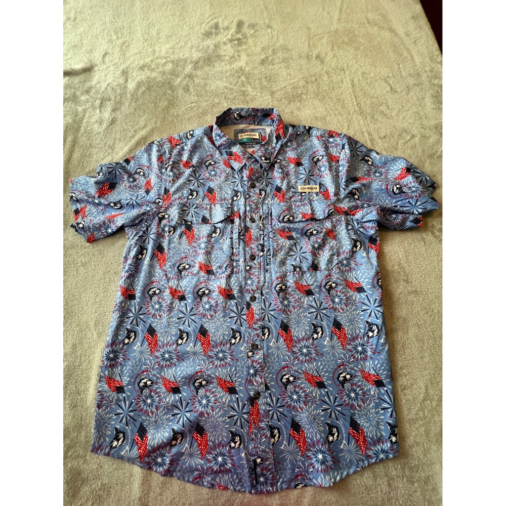 Magellan Fishing Shirt Mens Large Blue Americana Flag Fish Short Sleeve